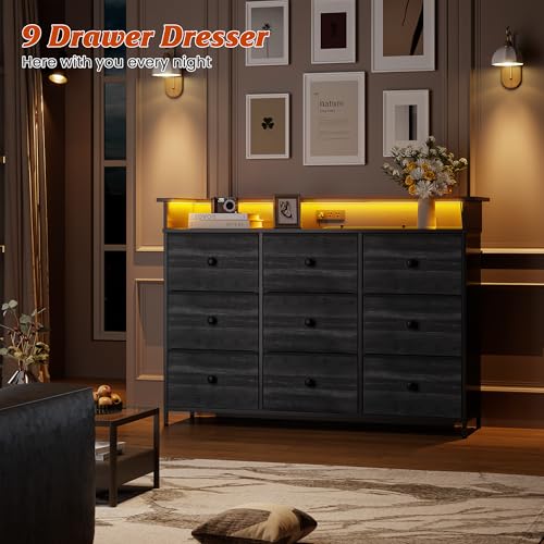 Nicehill 9 Drawer Dresser for Bedroom, TV Stand for Bedroom, Black Dresser with LED Light, Fabric Chests of Drawers for Hallway Entryway (Black Wood Grian)