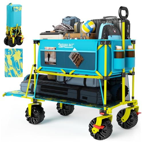Old Bahama Bay 400L Collapsible Double Decker Beach Wagon with Brakes, Folding Beach Cart with 54' Extra Long Decker, 450LBS Heavy Duty Wagon Chart with All-Terrain Big Wheels for Sand Camping Garden