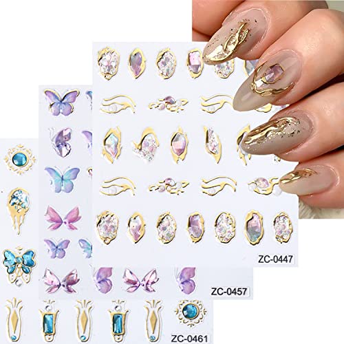 5D Crystal Soft Glue Embossed Nail Stickers, Bronzing Geometric Frames Nail Decals Waterdrop Butterfly Nail Art Stickers Self-Adhesive Nail Art Supplies Acrylic Nails Decorations For Women 3 Sheets #TOP10