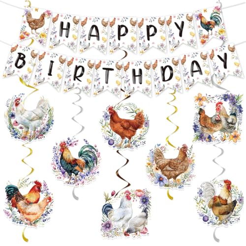 Image of Chicken Birthday Decorations Include Chicken Happy Birthday Banners Hanging Swirls Chick Farm Animal Birthday Theme Party Supplies