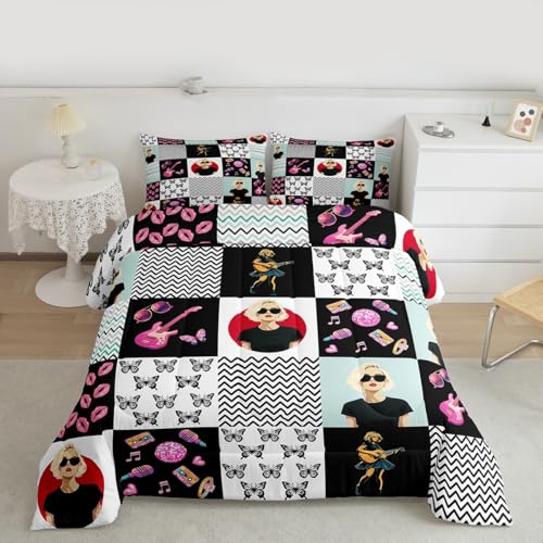 jejeloiu Girls Music Bedding Set Twin Size Singer Comforter Gifts for Women Music Lovers Girly Guitar Comforter Set Snake Aesthetics Friends Bed Set with 1 Comforter 1 Pillow Case Blue Room Decor