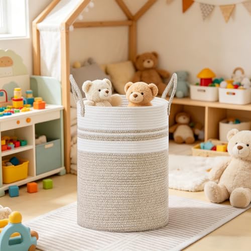 Image of 100L Extra Large Tall Cotton Rope Laundry Basket with Handle, White & Brown