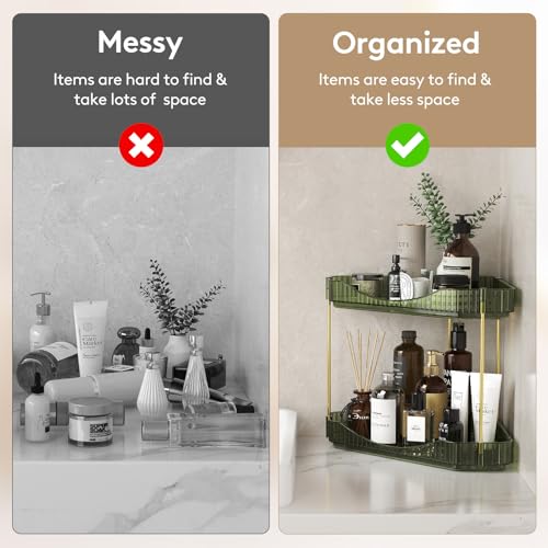 Image of Lifewit 2-Tier Corner Bathroom Counter Organizer, Plastic Makeup Skincare Organizers Storage Countertop, Large Sink Cosmetic Perfume Shelf for Bedroom, Dresser, Kitchen, Vanity, Green, 25 cm /10inch(H)