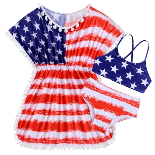 Image of Goodstoworld 7-12Y Girls 3 Piece Cover Up Swimsuit Hawaiian Bikini Bathing Suit with Pompom Tassel