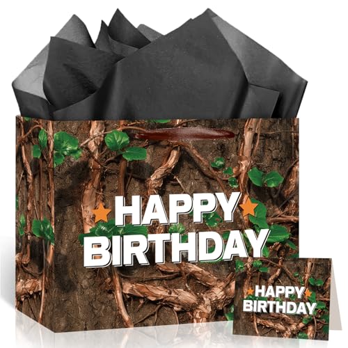 Woosytoo Happy Birthday Gift Bag for Boys & Men – Rustic Hunting Theme Gift Bag with Tissue Paper, Reusable Heavy-Duty Party Favor Bag for Outdoor, Deer, Hunting Birthday Party