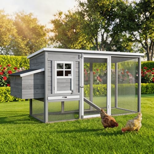 Miweba MyAnimal Hühnerstall für 4 Hühner | 174x76x103 cm Winterfest - Vogelhaus - Hühnergehege mit Nistkasten - Voliere - Hühnerhaus - Freilaufgehege Huhn - Legenest - Vogelvoliere (Grau)
