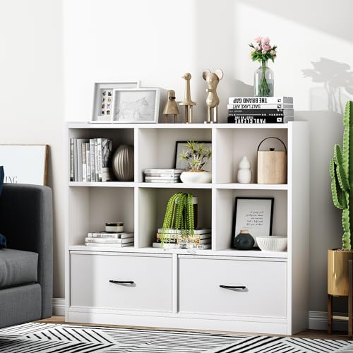 Cube Bookcase Organizer, 8-Cube Open Shelf, Freestanding Bookshelf, Modern Wide Kids Toy Storage with Drawers (White)