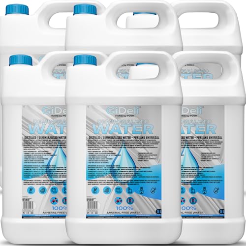 GiDeli Agua desmineralizada, 6 x 5 l, agua destilada para planchas, baterías, radiadores, humidificadores, acuarios y laboratorios, agua sin cal, inodoro, transparente