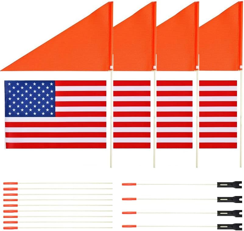 4Pcs Bike Safety and USA Flags - Six Foot Heavy Duty Fiberglass Pole, Polyester Full Color Tear-Resistant Waterproof Orange Safety and American Flags