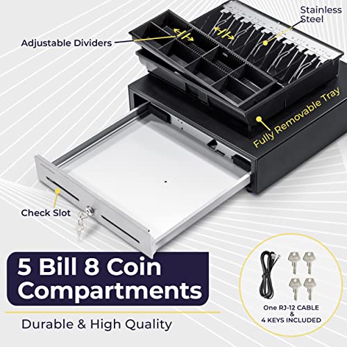 Cash Register Drawer For Point Of Sale (Pos) System - Black And Stainless Steel Front - Fully Removable 2 Tier Cash Tray, 5 Bill/8 Coin, 24V, Rj11/Rj12 Key-Lock - Square Cash Drawer Under Counter #TOP2