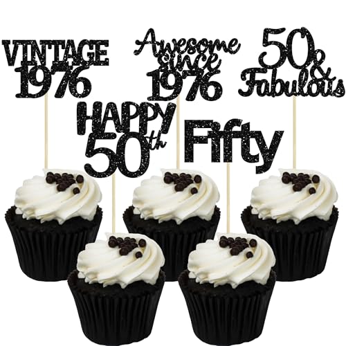 Gyufise 30Pcs Happy 50th Birthday Cupcake Toppers Glitter Fifty Vintage 1976 Cupcake Picks Cheers to 50 Fabulous Cake Decorations for 50th Birthday Wedding Anniversary Party Supplies Black