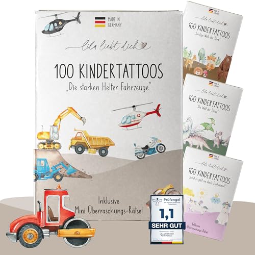 lila liebt dich 100 fantastische Fahrzeug-Tattoos Kinder (6 unterschiedliche Bögen) - Temporäre Tattoos// Kindertattoos hautfreundlich & dermatologisch getestet // Kinder Tattoo Made in Germany