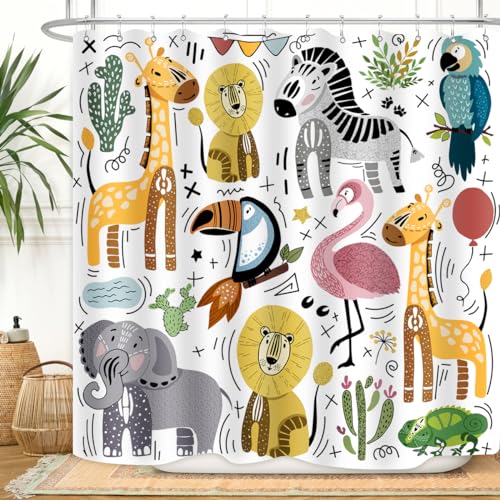 Image of Cute Animal Shower Curtain Wildlife Lion Zebra Elephant Chameleon Flamingo Giraffe Home Bathroom Decor Waterproof Fabric 72Lx72W Inch with Plastic 12PCS Hooks