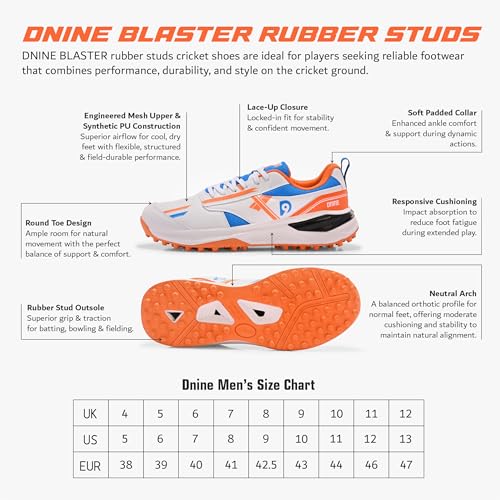 Image of DNINE Blaster Men, Rubber Studs, Cricket Shoes, Sun Orange /Diva | Blue /White | White /Red