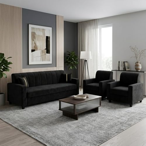Image of FURNY Cosmos 3 Seater + 1 Seater + 1 Seater Fabric Sofa Set (Black) with Velvet Finish | Durable Comfort | Ideal for Living Room