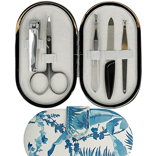 CLAUSS Maniküre Set 5-teilig plus Etui, mit Nagelschere, Feile, Pinzette, Nagelknipser und Nagelhautentferner, Carbonstahl, rostfreier Stahl, Dschungel, blau weiß, CL-96114