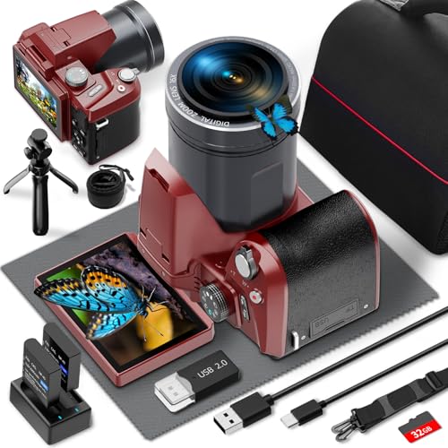 Monitech 64MP 4K Digital Camera for Photography, Vlogging Cameras for YouTube with 3” Flip Screen,16X Digital Zoom, WiFi& Autofocus,Cameras Strap&Tripod,2 Batteries, 32GB TF Card(S200,Red