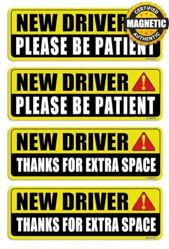 Zylentix New Driver Magnet for Car 4 Pack Please Be Patient Student Driver Safety Warning Signs Reflective Heavy-Duty Removable Bumper Sticker for Beginners & Teen Drivers 10x3.4