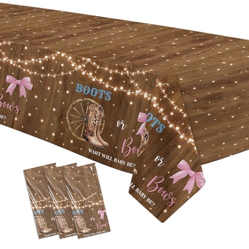Image of Boots or Bows Gender Reveal Decorations Tablecloth, 3 Pack Disposable Cowboy Boots Pink Bows Boy or Girl Gender Reveal Party Supplies Tablecover for Baby Shower, 86in x 55in