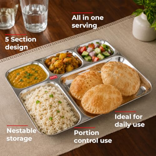 Image of HAZEL 5 Compartment Stainless Steel Plate Set of 2 | All in 1 Big Thali