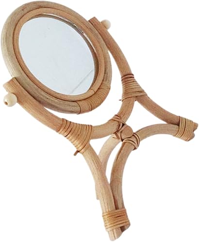 GANAZONO Rattan Makeup Mirror 3-Legged Round Decorative Mirror Adjustable Rotation for Girls Bedroom for Makeup and Decor