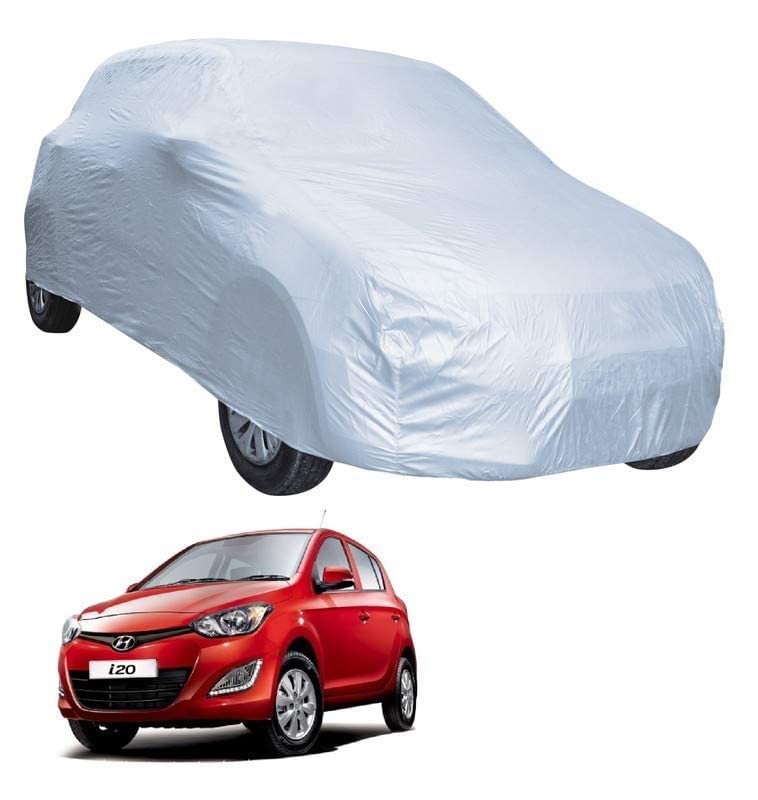 Image of Auto Hub Car Cover Compatible with Hyundai I20 (Model : 2008-2019) with Mirror Pocket, Water Resistant, Triple Stitched, I20 Car Cover- Plain Silver