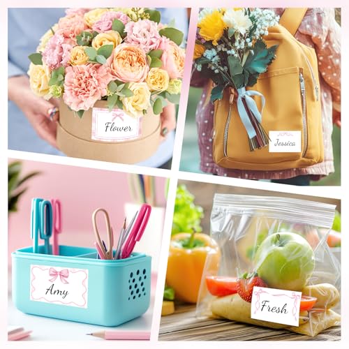 Image of Whaline 180 Pcs Pink Bow Name Tag Stickers Pretty Bowknot Rectangle Nameplate Stickers Classroom Bulletin Board Label Decals for Office School Desk Wall Decor