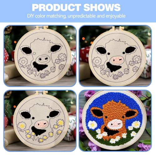 Image of GLLBTPT Punch Needle Kit for Adults Beginner - Cartoon Highland Cow with Daisy Flower DIY Embroidery Set, Includes Printed Cloth, Cotton Thread Pack, Punch Needle, Frame & Instructions (Cow Yellow)