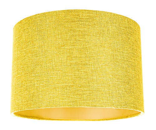 Contemporary and Sleek 12 Inch Deep Yellow Natural Linen Fabric Drum Lamp Shade 60w Maximum | 30cm Diameter | for Table Lamp or Pendant by Happy Homewares