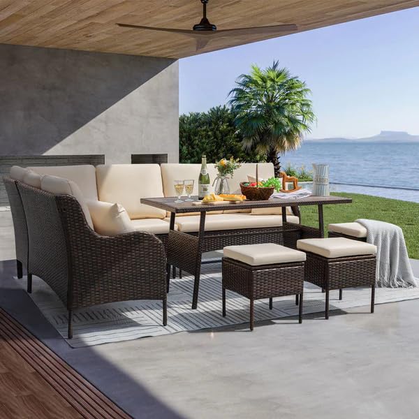 Image of DEVOKO 6 Piece Outdoor Patio Furniture Set All-Weather Wicker Rattan Modern Sofa Set with 1 Dining Table and 3 Footrests (Dark Brown & Cream)