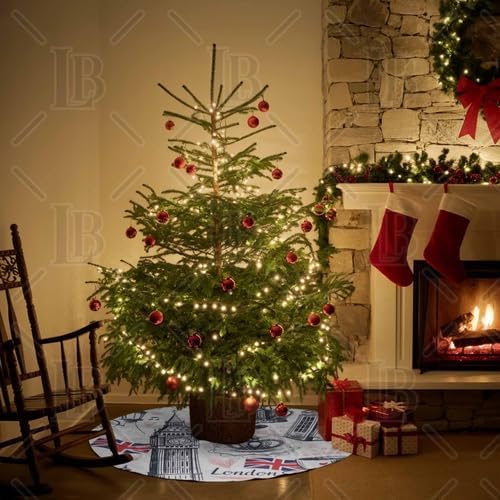 Christmas Tree Skirt 48in, Christmas Decorations Tree Skirt, Retro British Flag and Clock, Coffee, Phone Booth, Street Christmas Tree Skirt for New Year Holiday Parties, Christmas Tree Decorations