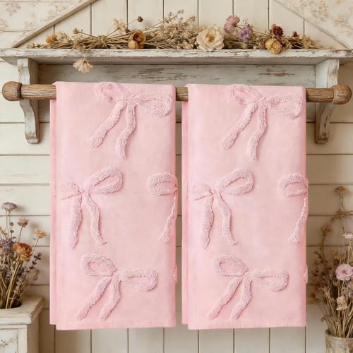 yuboo Pink Bow Hand Towels Set of 2 Cute Tufted Decorative Towels for Bathroom & Kitchen Coquette Preppy Decor for Teen Girls College Dorm 14x29