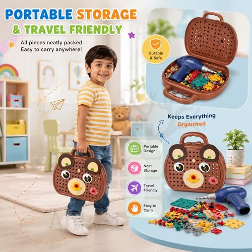 Image of Creative Tool Box Building Set with Electric Drill & Screwdriver | 203 Pieces Mosaic Puzzle Construction Toy, STEM Learning Kit with Colorful Nuts & Bolts for Kids 3+ Years (Multicolor)