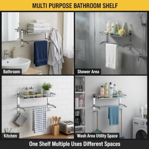 Image of Filox Premium Stainless Steel 1 Tier Bathroom Shelf Organizer | Wall Mount Bathroom Rack with Dual Towel Bar & Integrated Hooks | Multipurpose Kitchen Storage Stand & Towel Holder