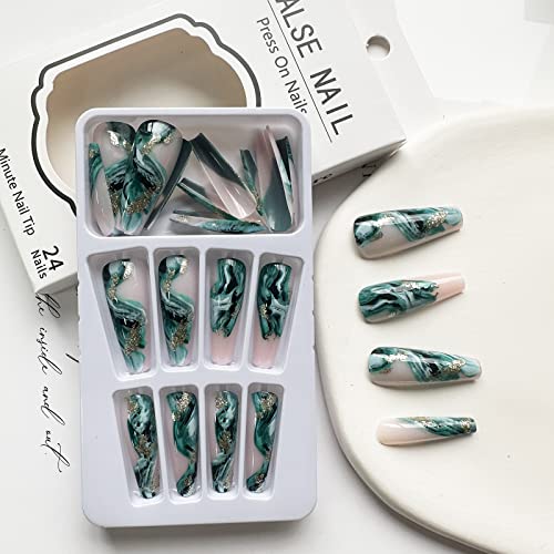 24Pcs Press On Nails Long, Green Marble Coffin Fake Nails Full Cover False Nails With Gold Foil Designs Nude Acrylic Glue On Nails Glossy Extra Long Press On Nails For Women Girls Manicure Decoration #TOP5