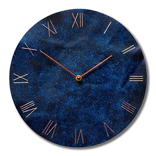InTheTime 12-inch Bent Copper Wall Clock Blue Round Large Silent Non-Ticking Unique Handmade - 7th Wedding Anniversary Gift Idea Rustic Farmhouse Native American Southwest Home Kitchen Art Decor