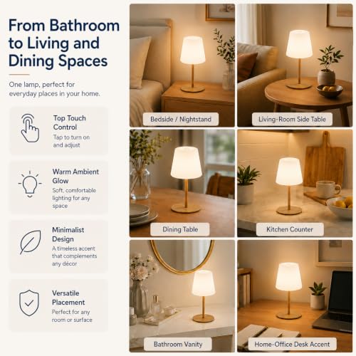 Image of IP65 Waterproof Shower Lamp, Cordless Rechargeable Table Lamp, Wood Grain