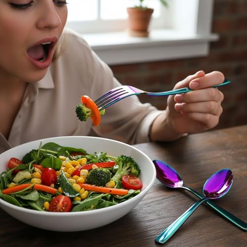Image of 12-Pcs. Rainbow Cutlery Set - Iridescent Stainless Steel Flatware Service for 6 with 6 Dinner Spoons & 6 Dinner Forks - Titanium Ion Plated Mirror Finish - Multicolor Silverware