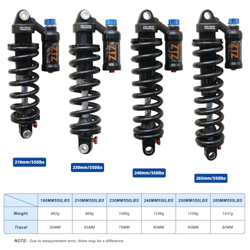 Adjustable Air Spring Coil Over MTB Shock Absorber,190-265mm 550LBS,Rebound,Compression,Preload,Height Adjustment,Air Pressure (200-300 PSI),Fits Mountain Bike,Downhill,eBike (240MM550LBS)