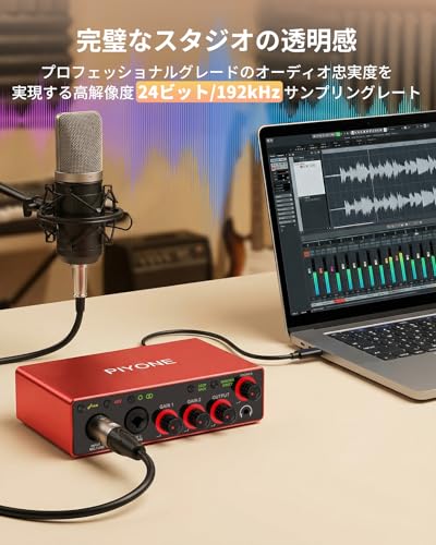 PIYONE オーディオインターフェイス 2x2 24bit/192kHz サウンドカード【PC/Mac/iOS対応】XLR/TRSコンボ入力 モニターミックス/ループバック機能 USB-C一本接続 アロイ・レッド