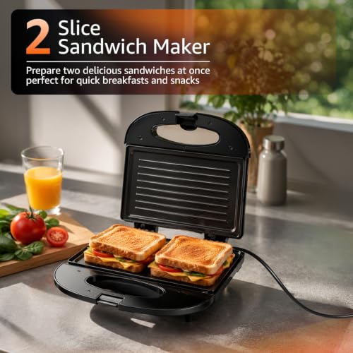 Image of Amazon Basics 2-Slice Sandwich Maker 750W | Non-Stick Coated Plates | Thermostatic Temperature Control | Cool-Touch Handle | Power & Ready Indicator Lights | Overheat Protection | Upright Storage Design | BIS Certified | Black