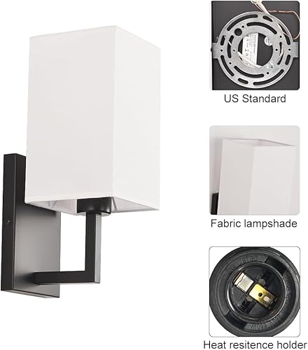 Miniatura 5 de Deamakk Moderno juego de 2 apliques de pared, lámpara de pared industrial con pantalla cuadrada de tela blanca, lámpara de pared estilo vintage E26