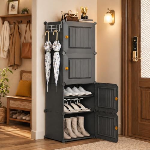 Image of Mevigo Plastic Shoe Rack for Home with Door |8- Tier Stackable Shoe Organizer | 16-Holds Pairs |Waterproof & Dustproof | DIY Modular Shoe Cabinet |Chappal Slipper Stand for Bedroom-Grey-HY1