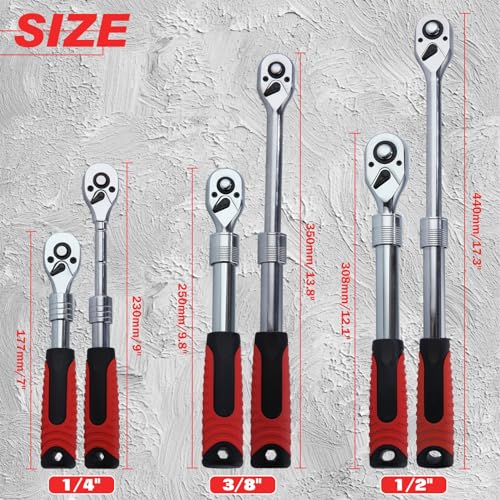 LEONTOOL 3 Piece Extendable Ratchet Wrench Set 1/4 3/8 1/2 Inch Drive 72-Tooth Quick-Release Retractable Socket Wrench Reversible Ratcheting Wrench Mechanical Tools - Image 4
