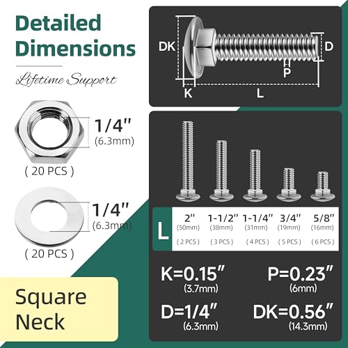 Image of 60Pcs 1 /4-20 Carriage Bolts Assortment Kit with Nuts and Washers, 304 Stainless Steel Round Head Square Neck 1 /4 Carriage Bolts and Nuts Kit, Full Thread for Outdoor