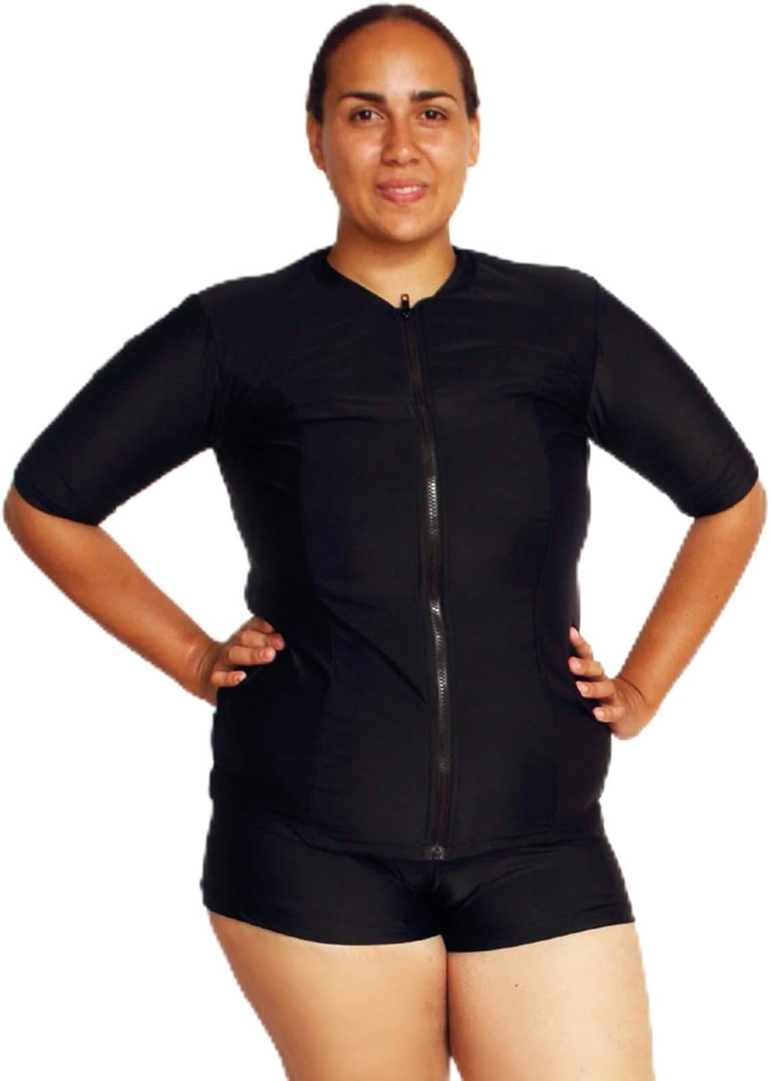 Women's Plus Size Zip Up Rash Guard Short Sleeve 50UV swimshirt Swim Vest Black Red Blue