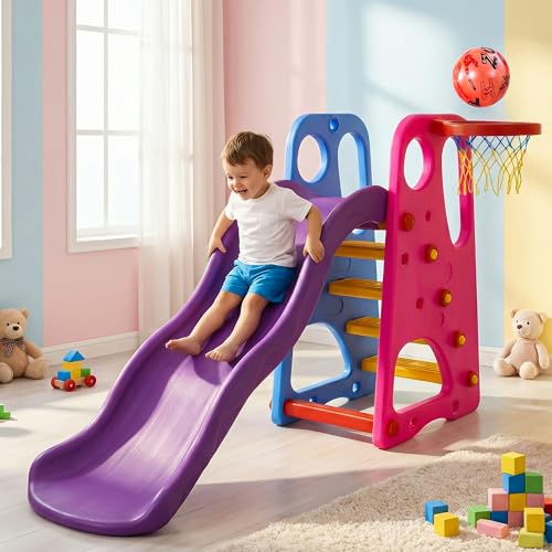 Image of Baybee 3 in 1 Baby Slides for Kids | Perfect Garden Sliding Toy with Basketball Set & Anti Slip Steps | Baby Play Area Indoor Mini Playground Setup | Outdoor Slider for Kids 2 to 5 Years Boys Girls