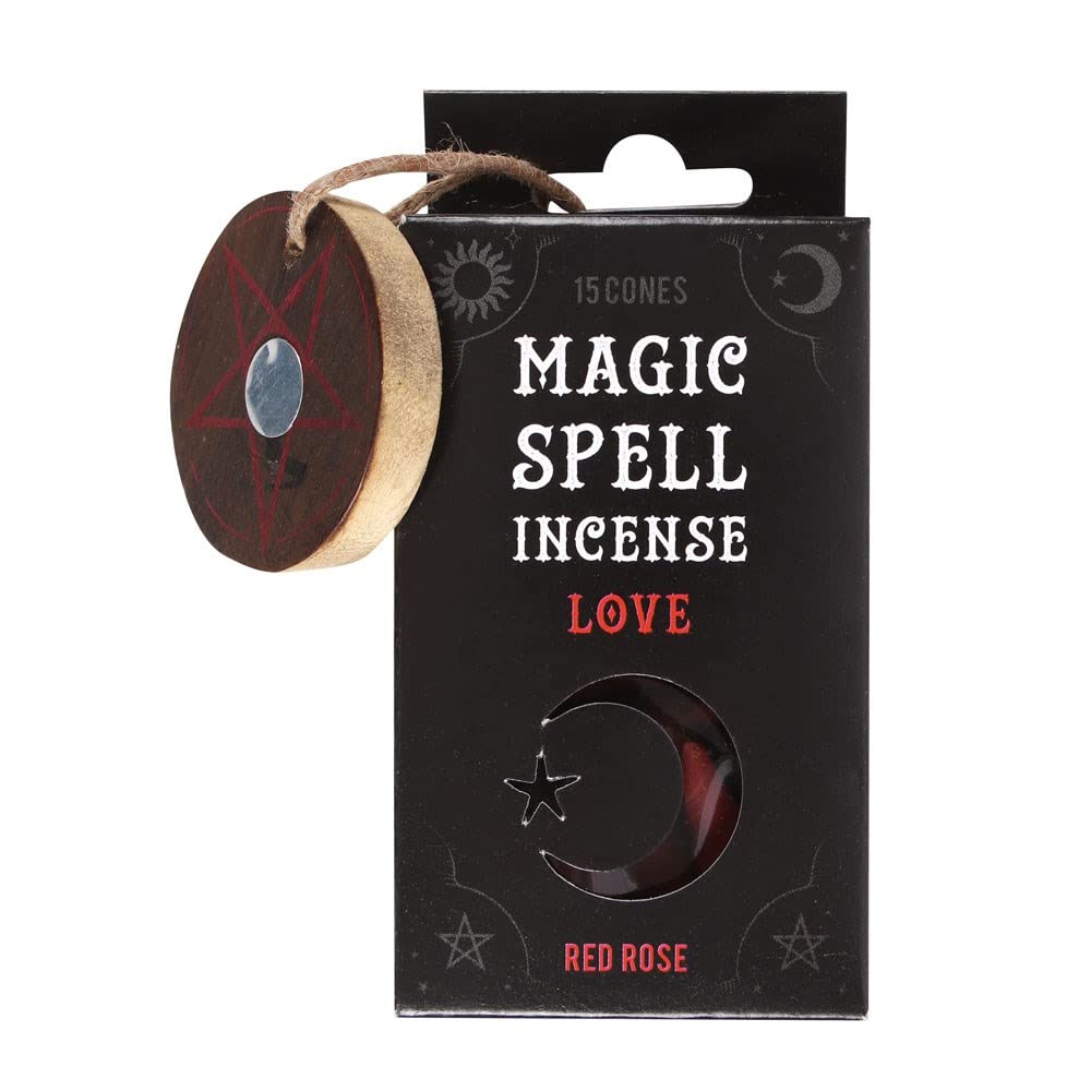 Spirit of Equinox Magic Spell Incense Cones 15 Pack & Wooden Pentagram Holder (Red Rose - Love)