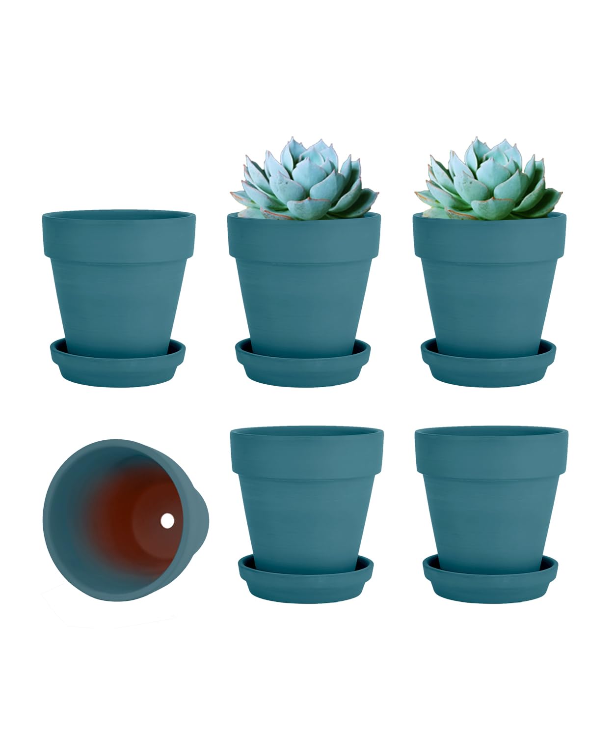 Vaso in argilla blu in acciaio da 4 pollici per piante con piattino, confezione da 6 piccoli vasi in terra cotta con foro di drenaggio, vaso di fiori con vassoio