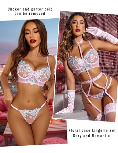 Avidlove Garter Lingerie Sets for Women Sexy with Removable Choker Floral Embroidered Underwire Lingerie (No Stockings)3